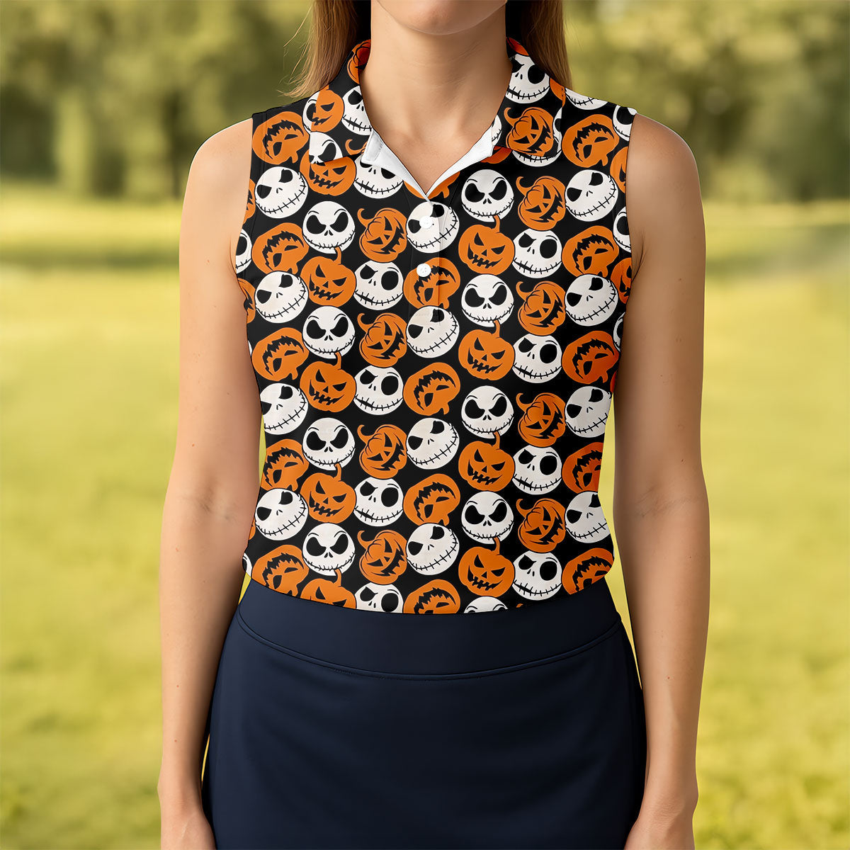 Halloween Skull Pumpkin Pattern Golf Polo Shirt, Ladies Golf Tops, Golf Shirts For Women