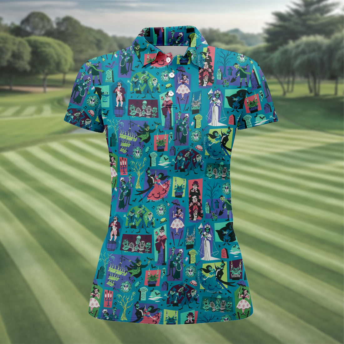 Retro Haunted House Halloween Golf Polo Shirt, Horror Character Halloween Shirt, Women's Golf Polo