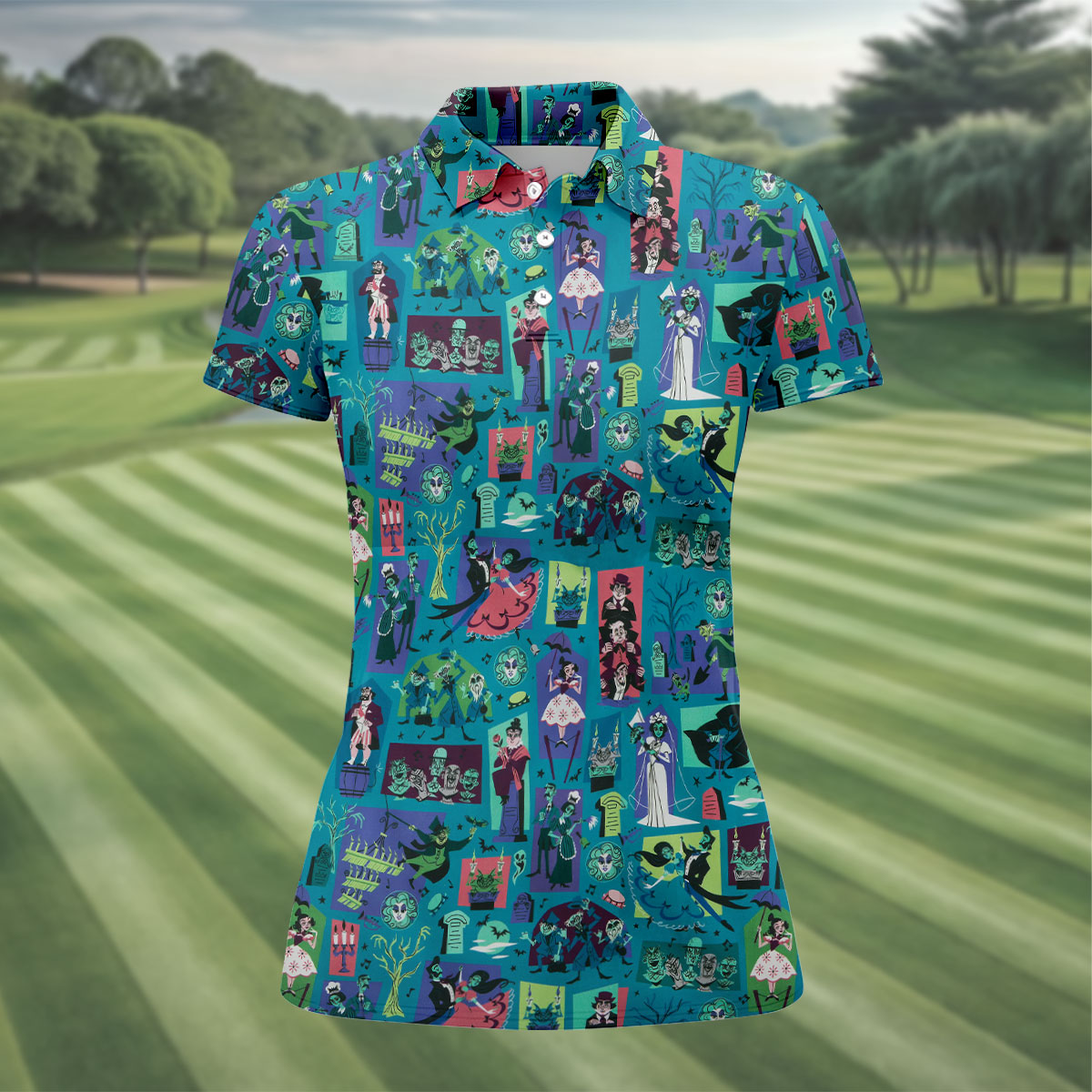 Retro Haunted House Halloween Golf Polo Shirt, Horror Character Halloween Shirt, Women's Golf Polo