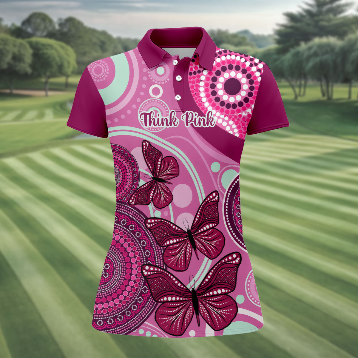 Think Pink No One Fights Alone Breast Cancer Shirt, Women’s Golf Polo, Ladies Golf Top
