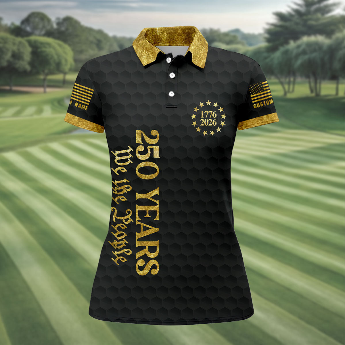 We The People 250 Years Gold Textured Patriotic Golf Shirt, 4th Of July Golf Shirt For Women
