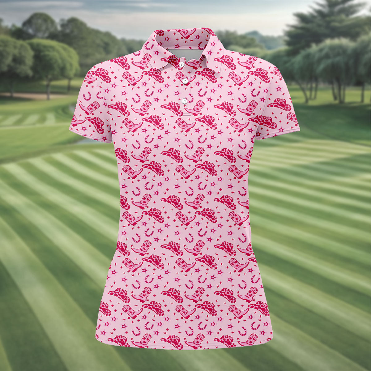 Pink Cowgirl Boots Hat Pattern Hawaiian Golf Shirt, Golf Polo For Women, Women’s Golf Apparel