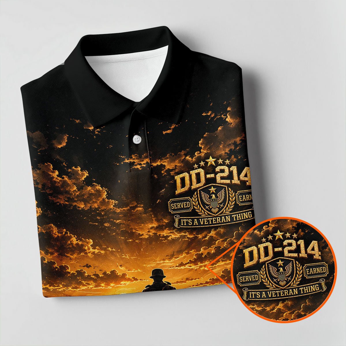 Custom DD-214 Sunset Soldier Golf Polo Shirt, Veterans Day Shirt, Mens Golf Shirts