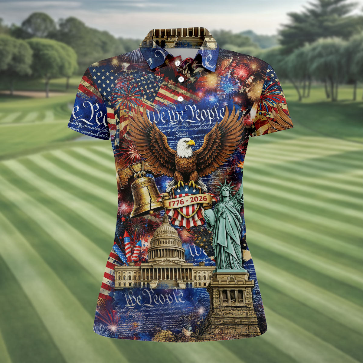 We The People Festive Celebration US Flag Golf Shirt, 250 Years 4th Of July Golf Shirt For Women