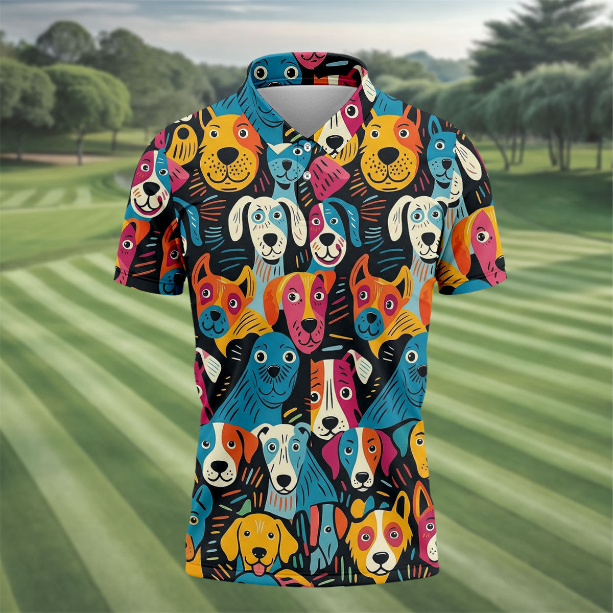 Happy Dog Faces Hawaiian Golf Shirt, Funny Golf Shirt, Abstract Animal Golf Shirts For Men