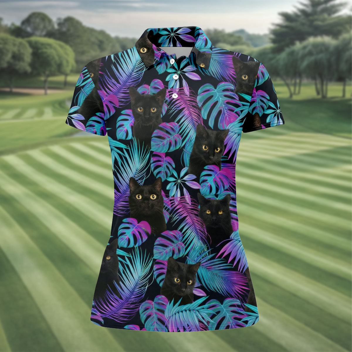 Funny Black Cat Purple Blue Gradient Hawaiian Golf Shirt, Golf Shirt For Women