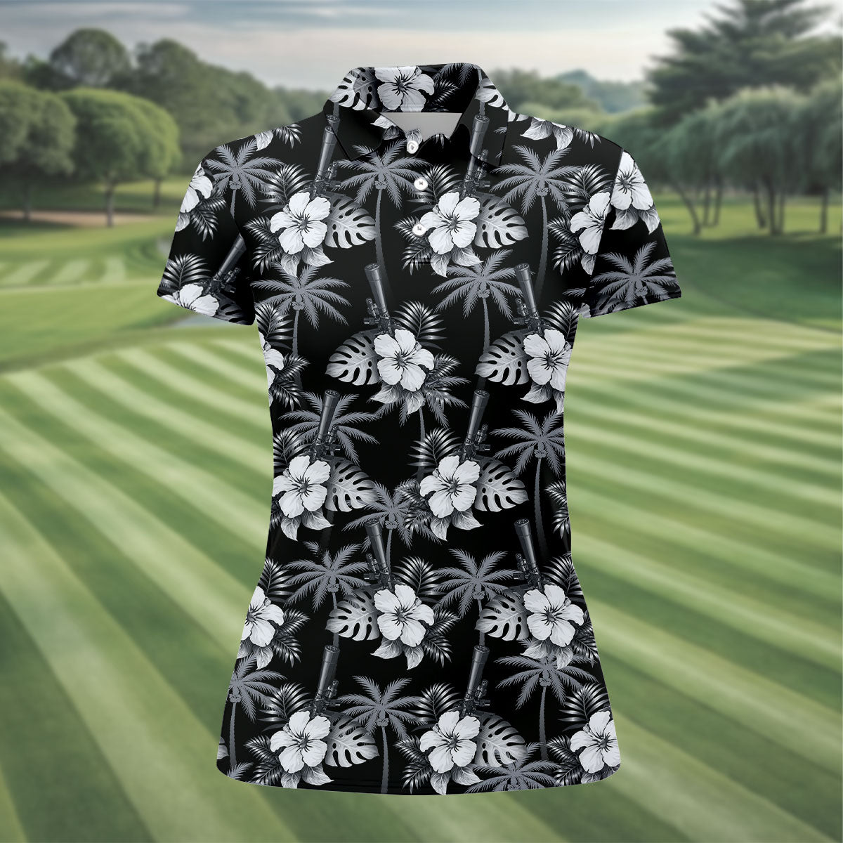 White Hibicus Black Hawaiian Golf Shirt, Tropical Summer Theme Golf Shirt For Women