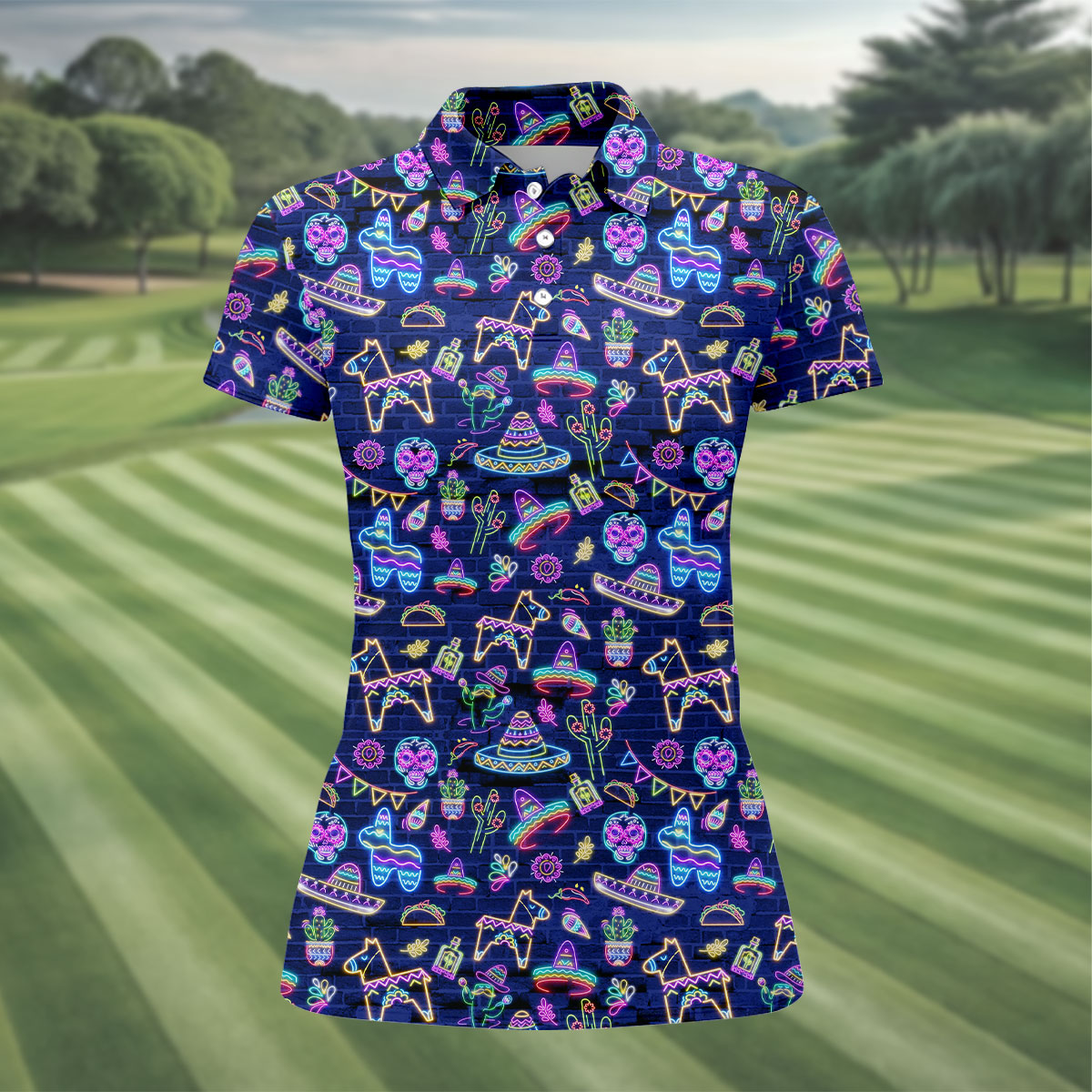 Mexican Holiday Symbols Neon Pattern Cinco De Mayo Celebration Fiesta Themed Golf Shirt For Women
