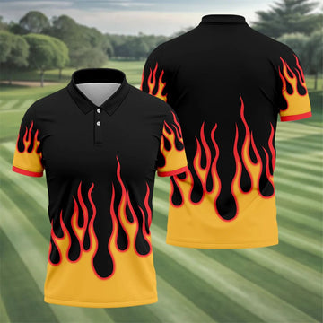Black Red Yellow Flame Sleeve Golf Shirt, Hawaiian Golf Shirt, Mens Golf Shirts