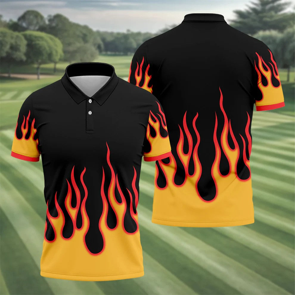 Black Red Yellow Flame Sleeve Golf Shirt, Hawaiian Golf Shirt, Mens Golf Shirts