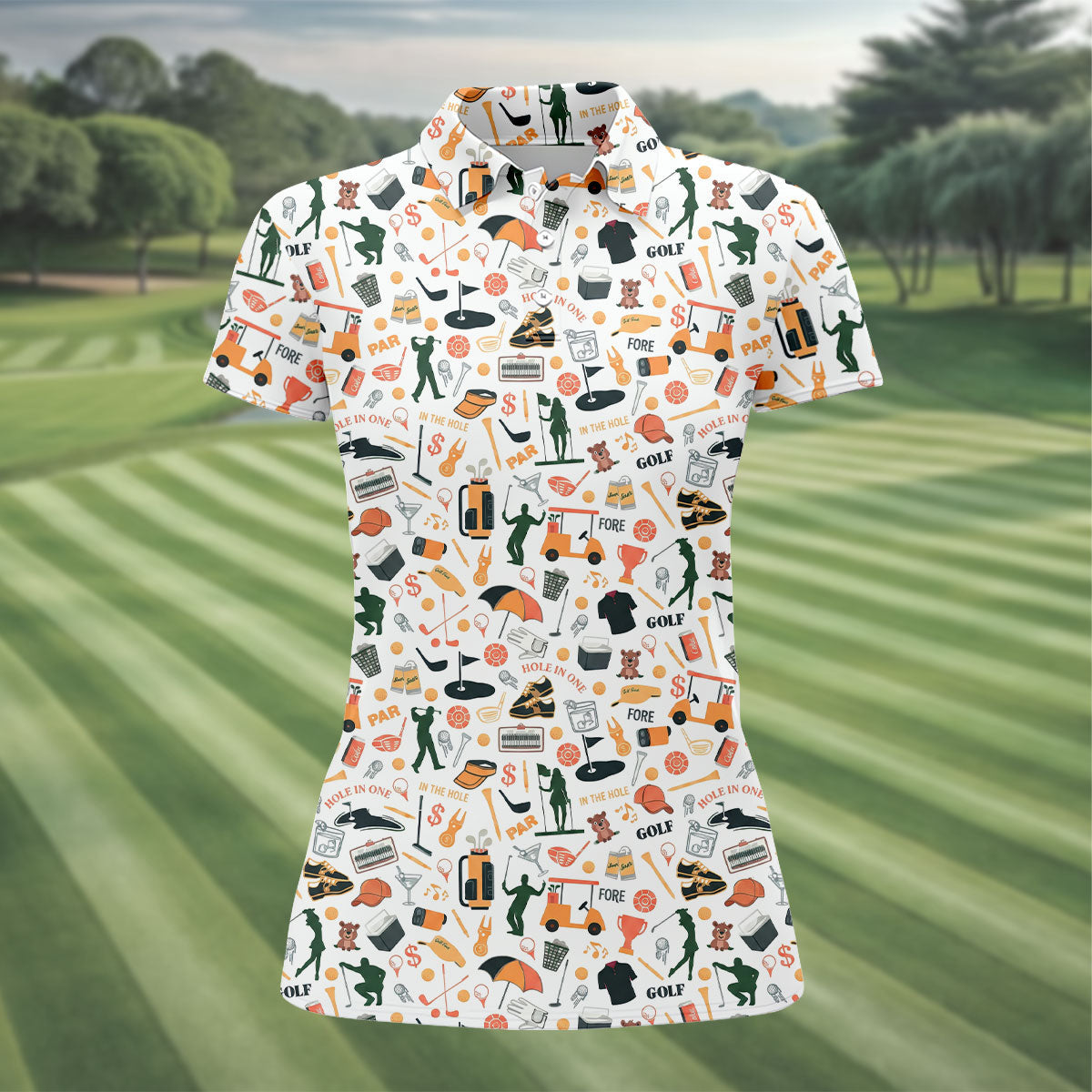 Golf Equipment Cart Ball Pattern Polo Shirt, Women’s Golf Polo, Performance Golf Shirt