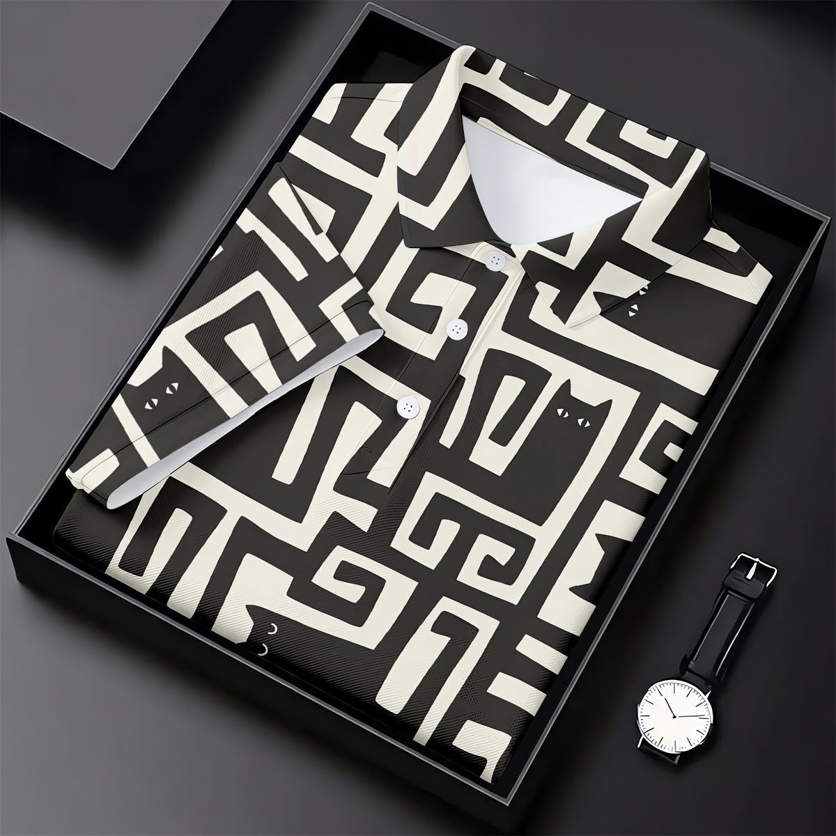 Minimalist Black Cat Maze Pattern Golf Polo Shirt, Women's Golf Tops, Golf Polo For Women
