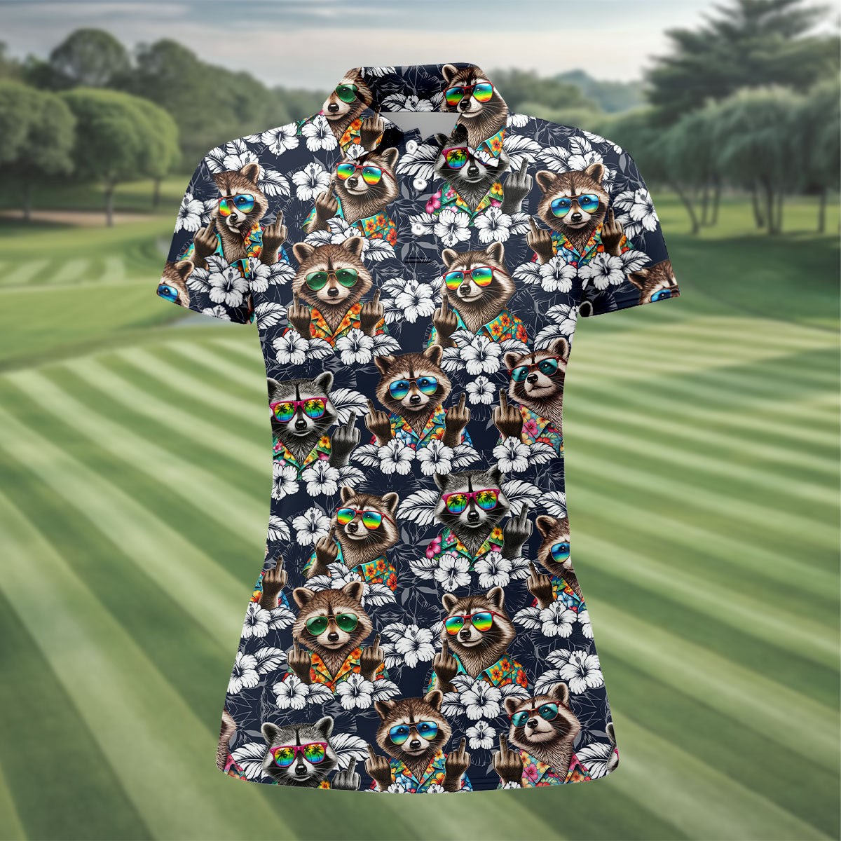 Cool Raccoon Sunglasses Tropical Golf Shirt, Funny Golf Shirt, Women's Golf Shirt, Golf Polo For Women