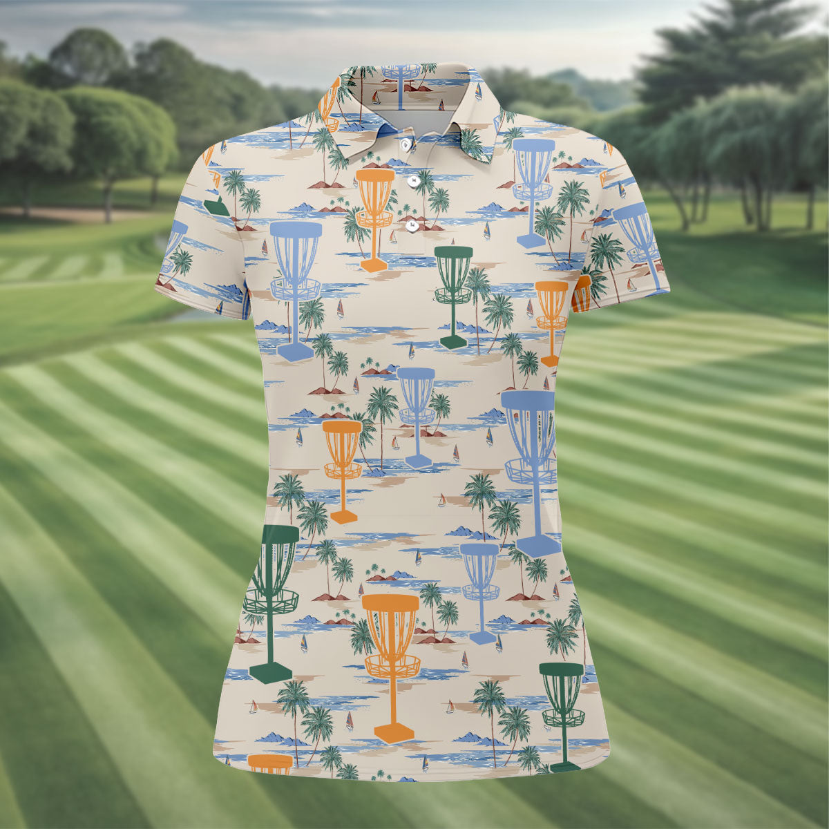 Beach Disc Golf Basket Pattern Polo Shirt, Golf Shirts For Women, Women’s Golf Polo