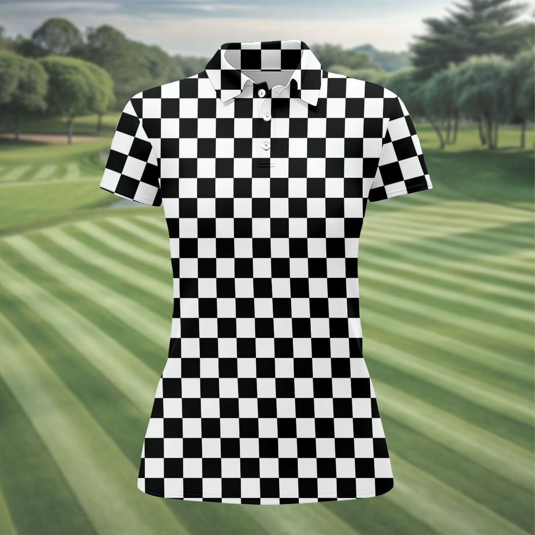 Black White Checkerboard Racing Pattern Golf Shirt, Ladies Golf Shirts, Golf Polo For Women, Performance Golf Shirt