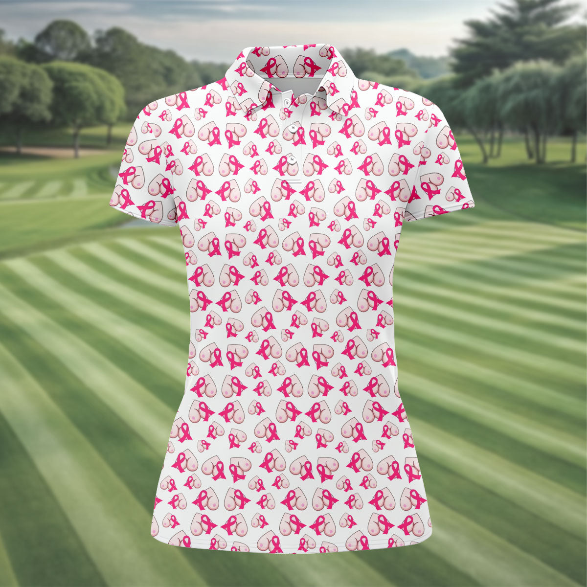 Pink Ribbon Breast Art Breast Cancer Polo Shirt, Women’s Golf Polo, Printed Golf Shirt