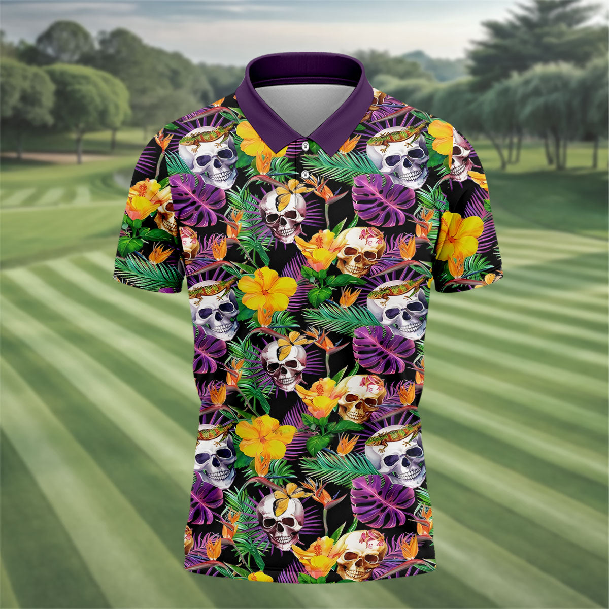 Tropical Sugar Skull Floral Golf Polo Shirt, Golf Shirts For Men, Printed Golf Shirts