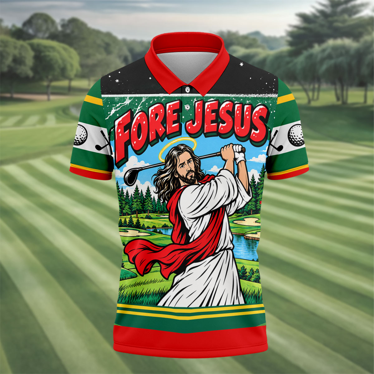 Fore Jesus Golf Swing Christmas Golf Shirt, Mens Golf Apparel, Mens Golf Clothing