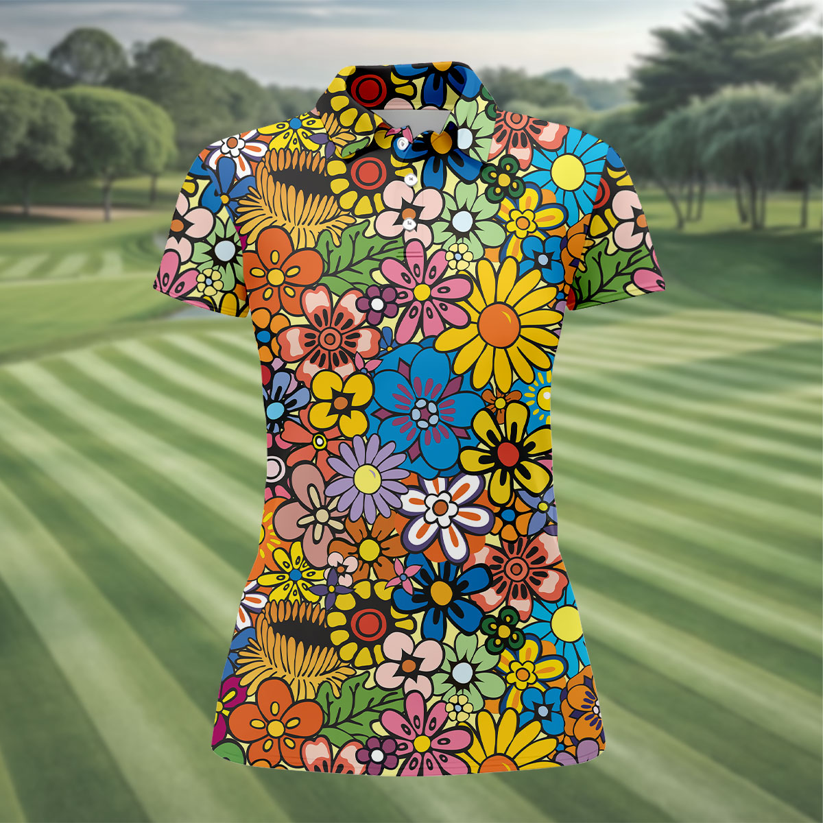 Multicolor Retro Flower Power Golf Shirt, Women’s Golf Tops, Hawaiian Golf Shirt, Golf Shirts For Women