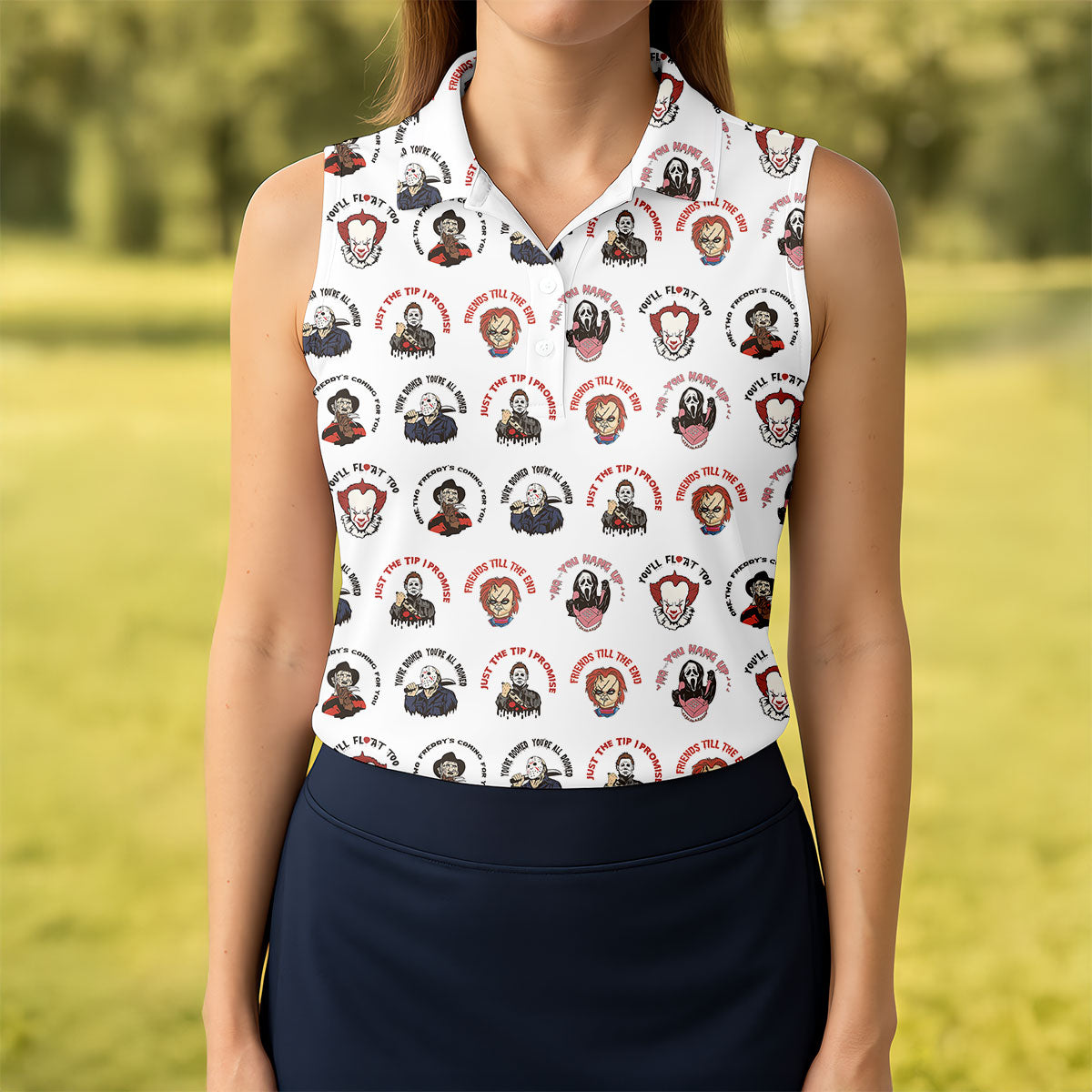 Just The Tip I Promise Horror Character Villains Golf Polo Shirt, Womens Golf Polo, Ladies Golf Shirts
