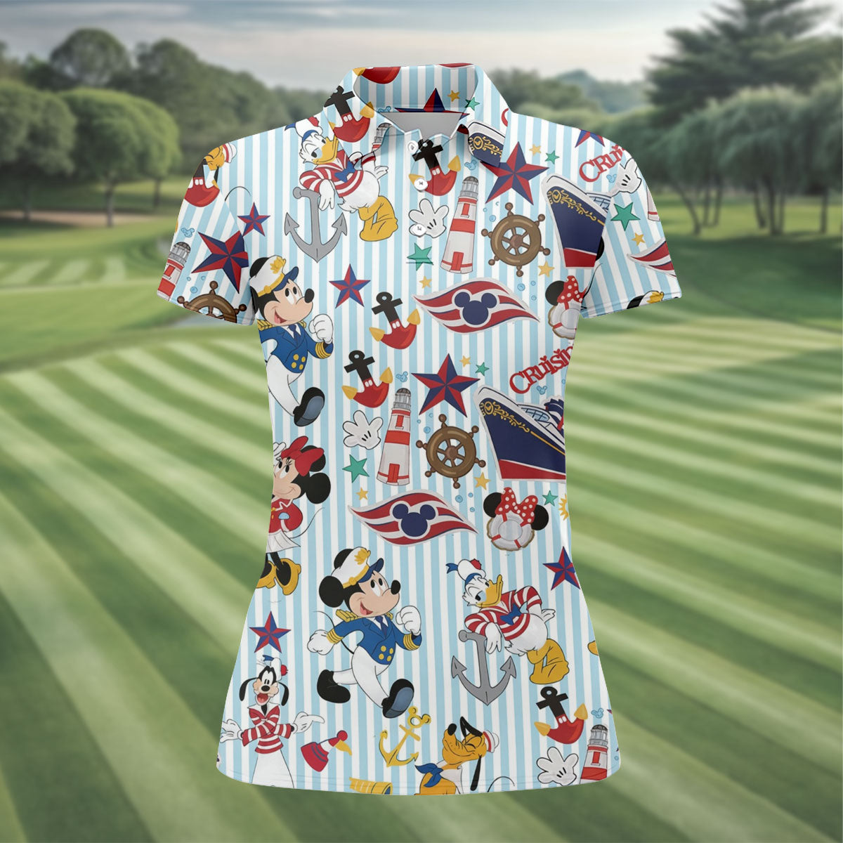 Nautical Cruise Cartoon Pattern Golf Polo Shirt, Womens Golf Tops, Ladies Golf Shirt
