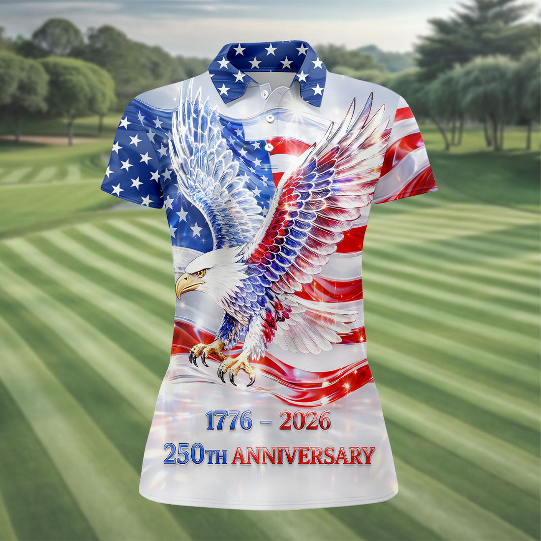 Bold Eagle American Flag Golf Shirt, Patriotic 4th Of July 250 Years Golf Shirt For Women