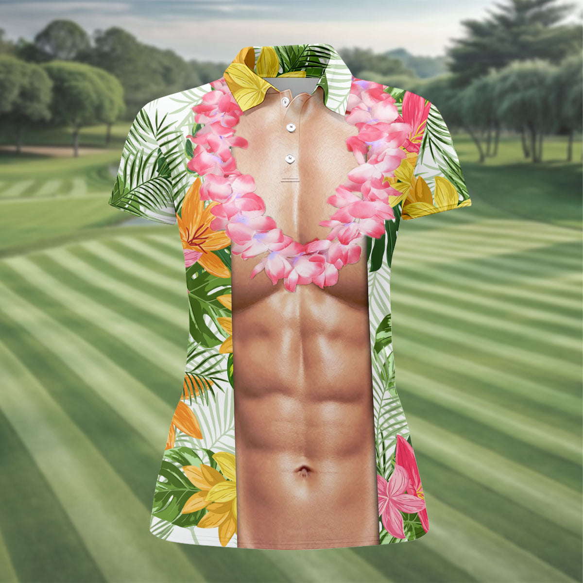 Light Skin Tropical Muscle Chest Hawaiian Golf Polo Shirt, Golf Shirts For Women, Women's Golf Apparel