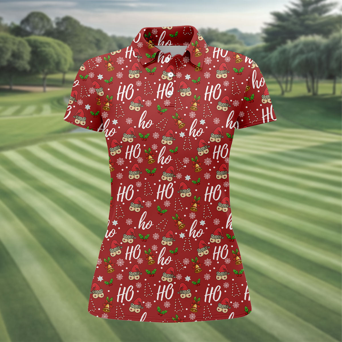 Funny Ho Ho Ho Naughty Tits Christmas Golf Shirt, Golf Christmas Gifts, Ladies Golf Shirts