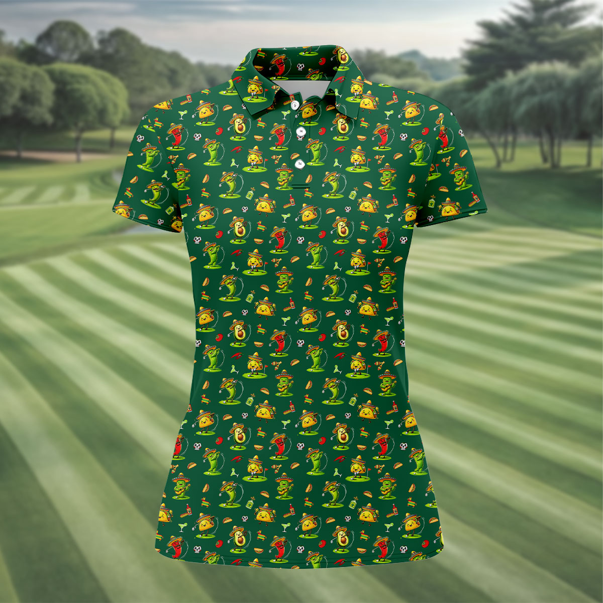 Mexican Cartoon Food Characters Cinco De Mayo Celebration Fiesta Themed Green Golf Shirt For Women