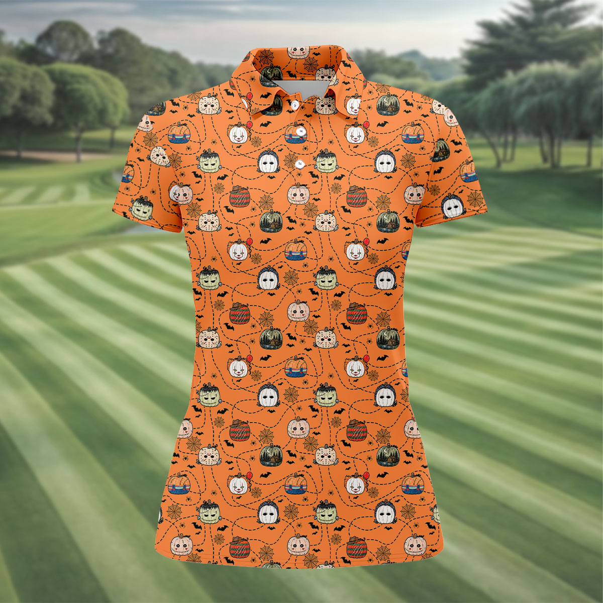 Orange Horror Character Pumpkin Pattern Golf Polo Shirt, Ladies Golf Shirts, Womens Golf Tops