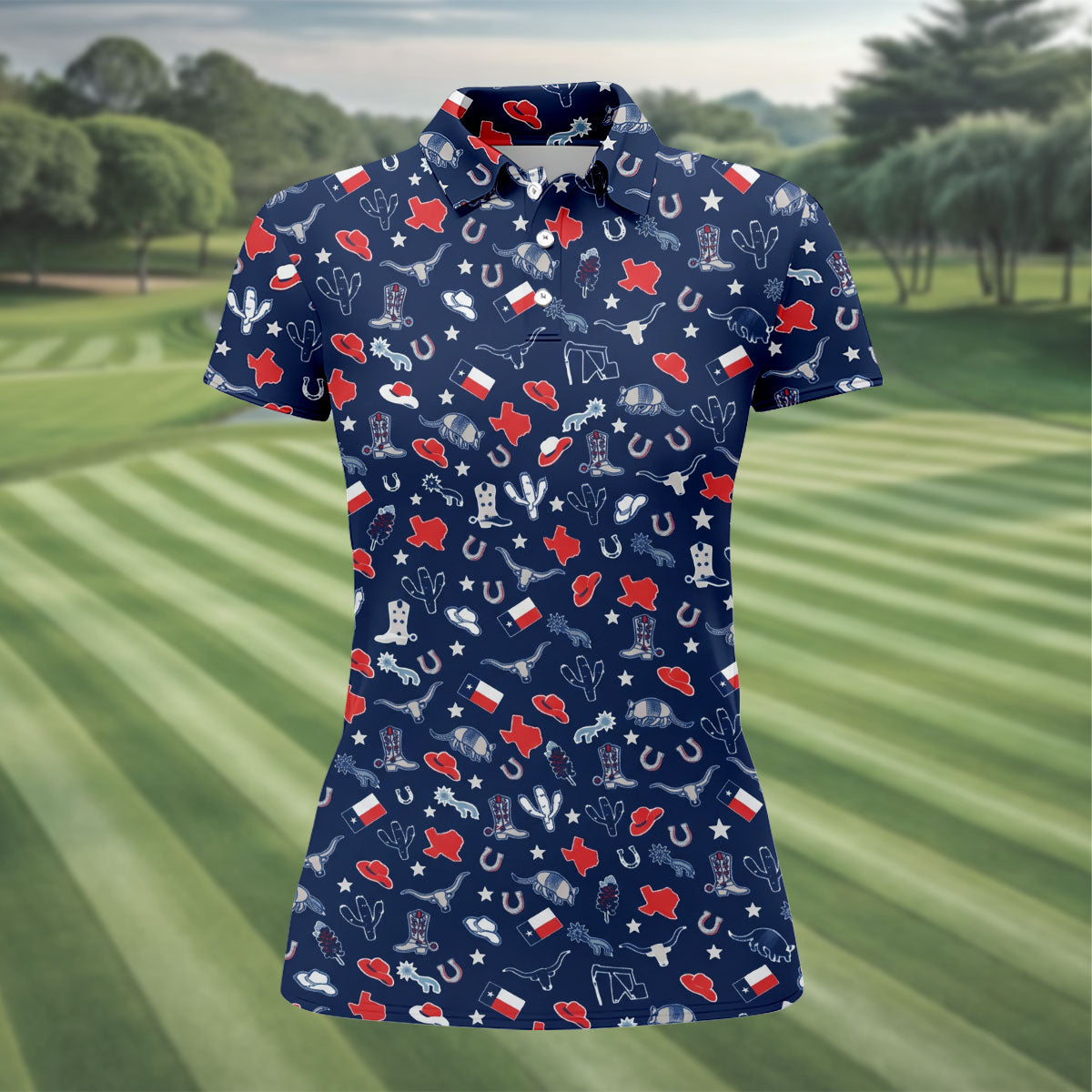 Navy Texas Western Pattern Golf Polo Shirt, Women's Golf Polo, Hawaiian Golf Shirt