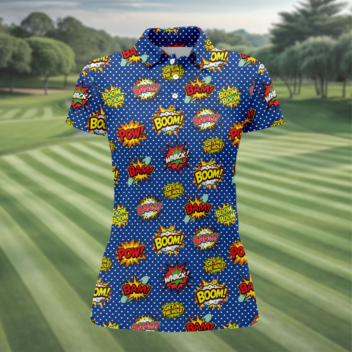 Funny Comic Pop Art Golf Shirt, Ladies Golf Shirts, Golf Tops For Women