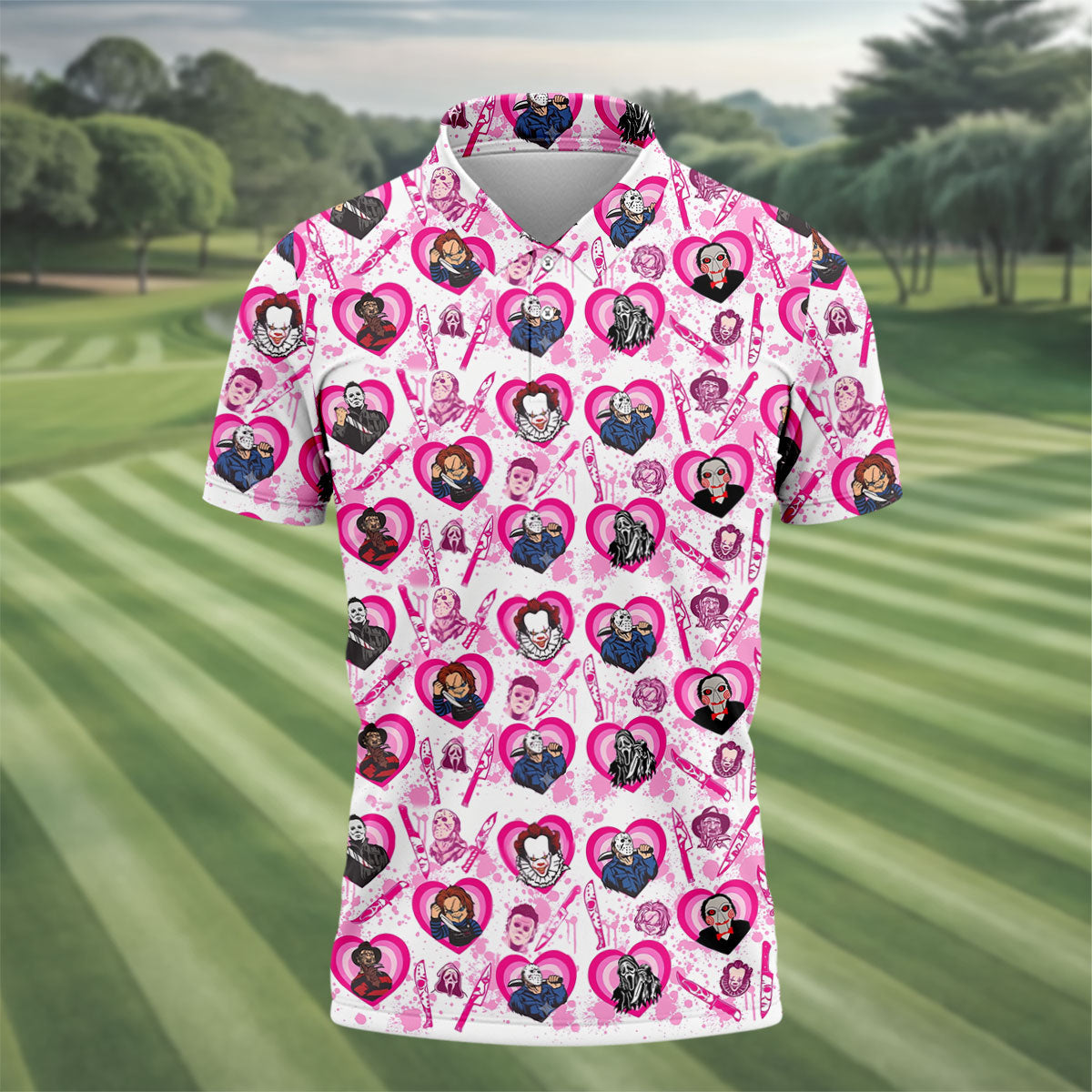 Pink Horror Character Pattern Golf Polo Shirt for Men Halloween Golf Apparel Printed Golf Shirts