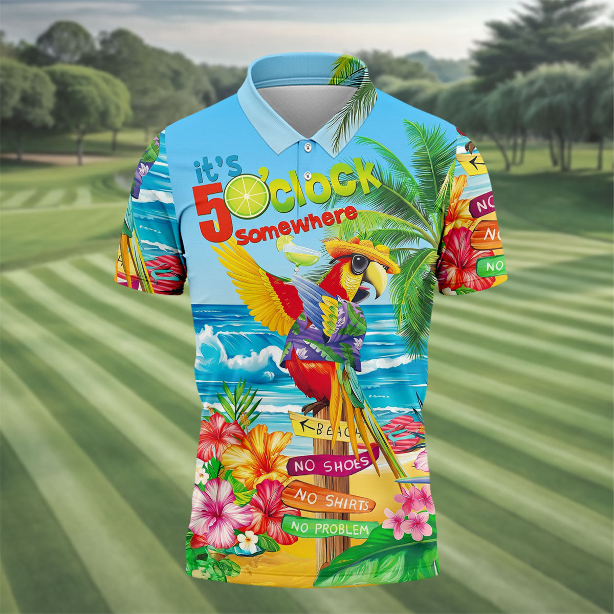 It's 5 O'Clock Somewhere Tropical Parrot Hawaiian Golf Shirt, Men's Funny Golf Shirts