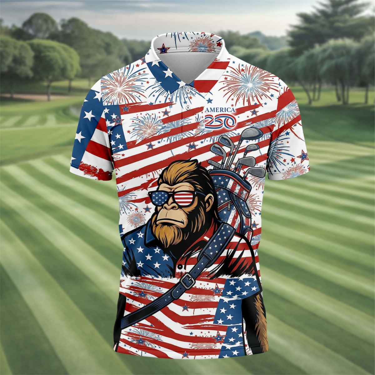 Red White Blue Stars And Stripes 250 Years Bigfoot Golf Shirt, Patriotic 4th Of July Golf Shirts For Men