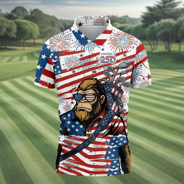 Red White Blue Stars And Stripes 250 Years Bigfoot Golf Shirt, Patriotic 4th Of July Golf Shirts For Men