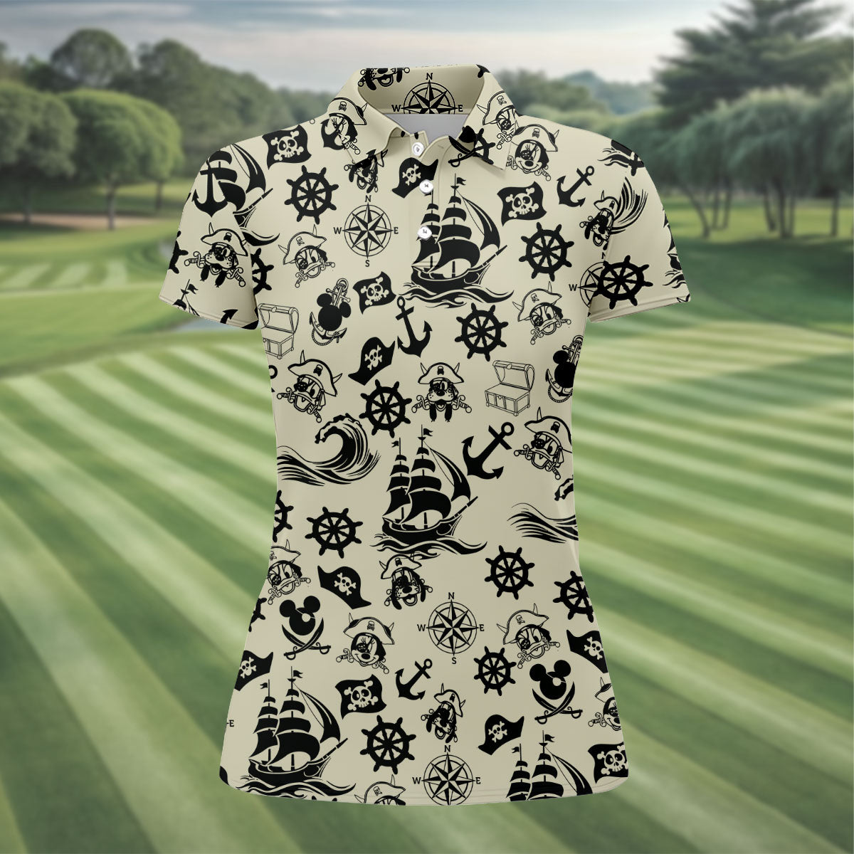 Vintage Pirate Nautical Pattern Golf Polo Shirt, Golf Shirts For Women, Women’s Golf Polo
