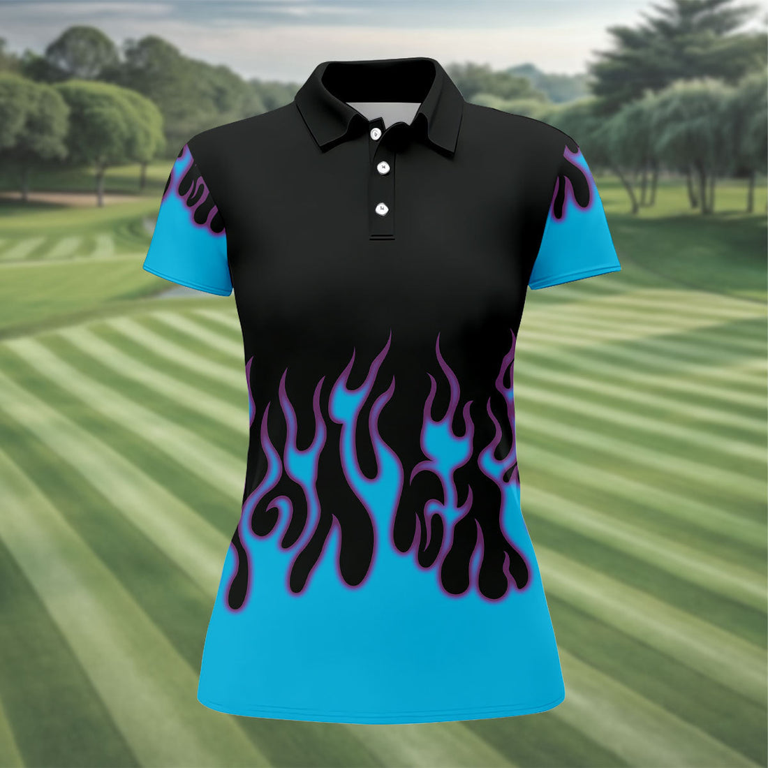 Black Cyan Purple Flame Sleeve Golf Shirt, Women's Golf Tops, Women’s Golf Apparel