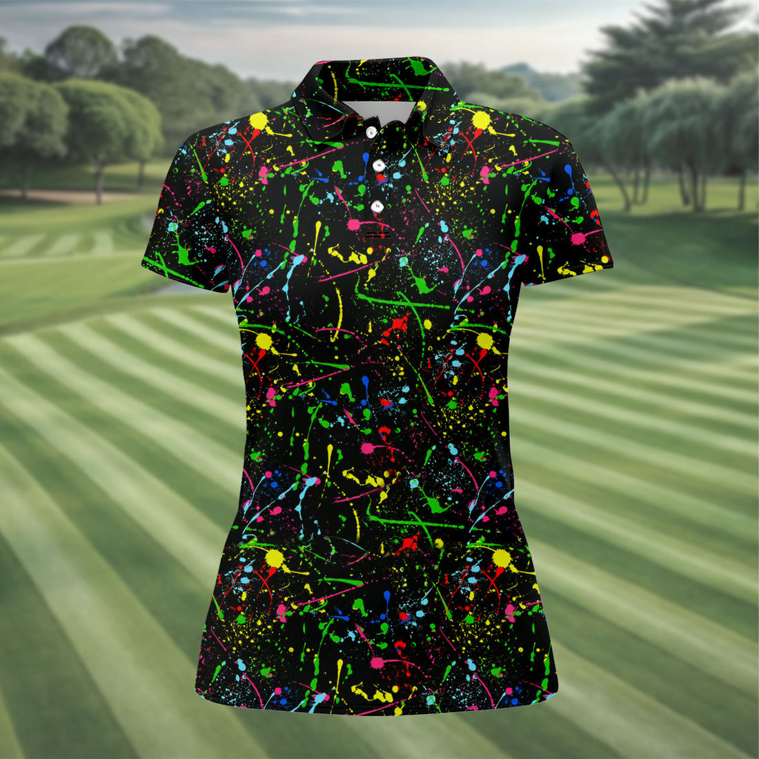 Black Neon Paint Splatter Golf Shirt, Women's Golf Tops, Performance Golf Shirt