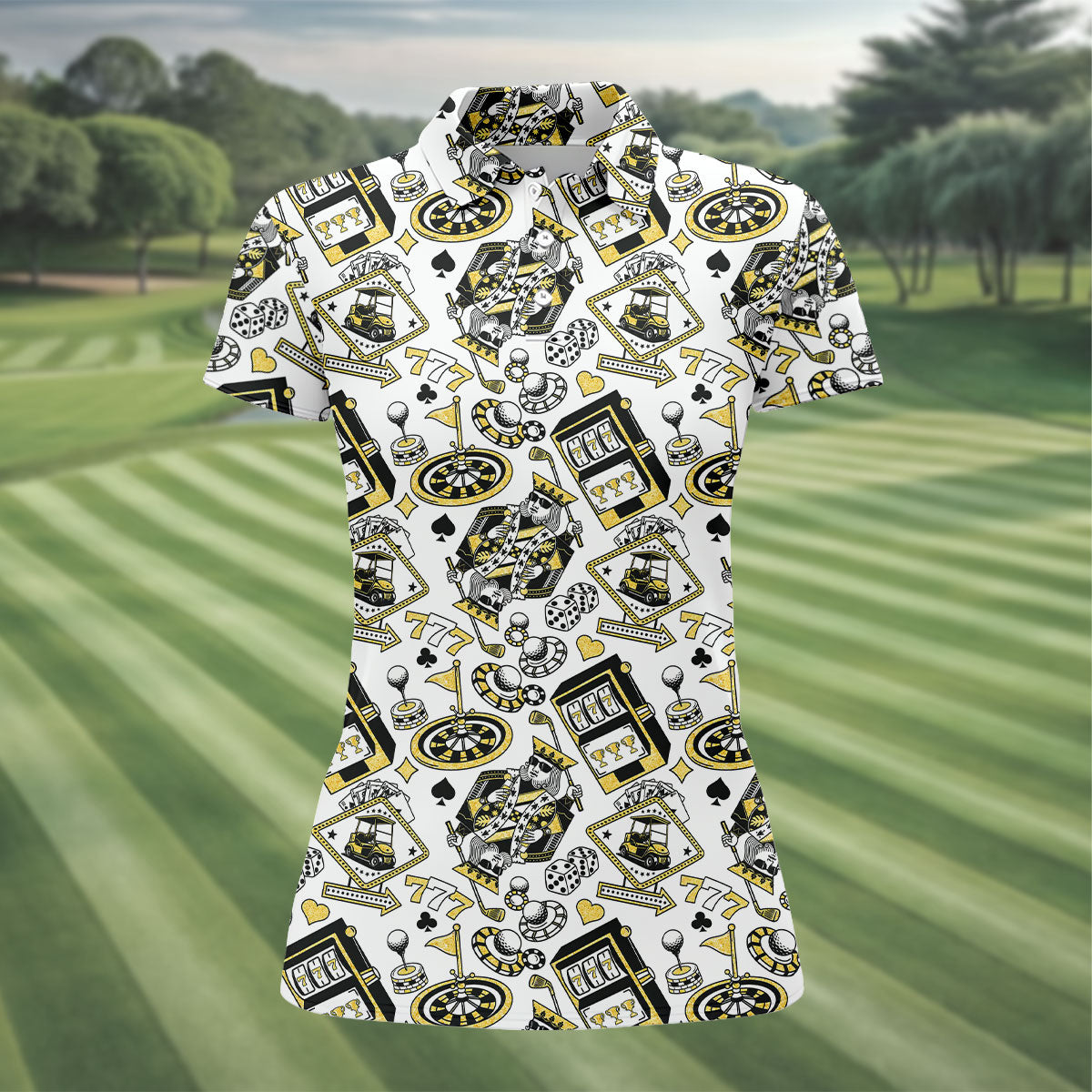 Casino Golf Pattern White Hawaiian Golf Polo Shirt, Women's Golf Tops, Golf Polo For Women