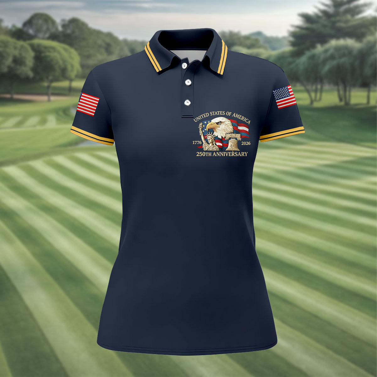 Bald Eagle American Flag 250 Years Navy Golf Shirt, Patriotic 4th Of July Golf Shirt For Women