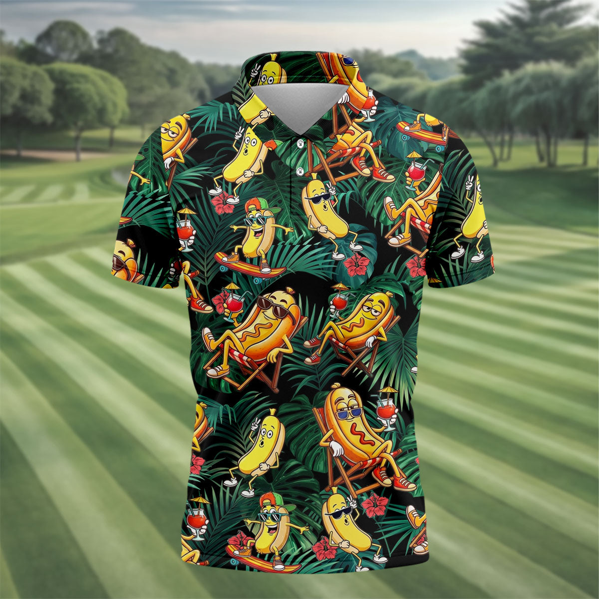 Funny Hot Dog Banana Tropical Hawaiian Golf Shirt, Mens Golf Polo, Printed Golf Shirts