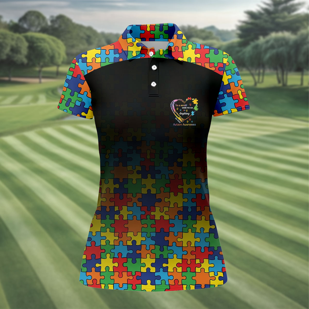 In A World Where You Can Be Anything Be Kind Autism Awareness Puzzle Pattern Black Fade Golf Shirt For Women