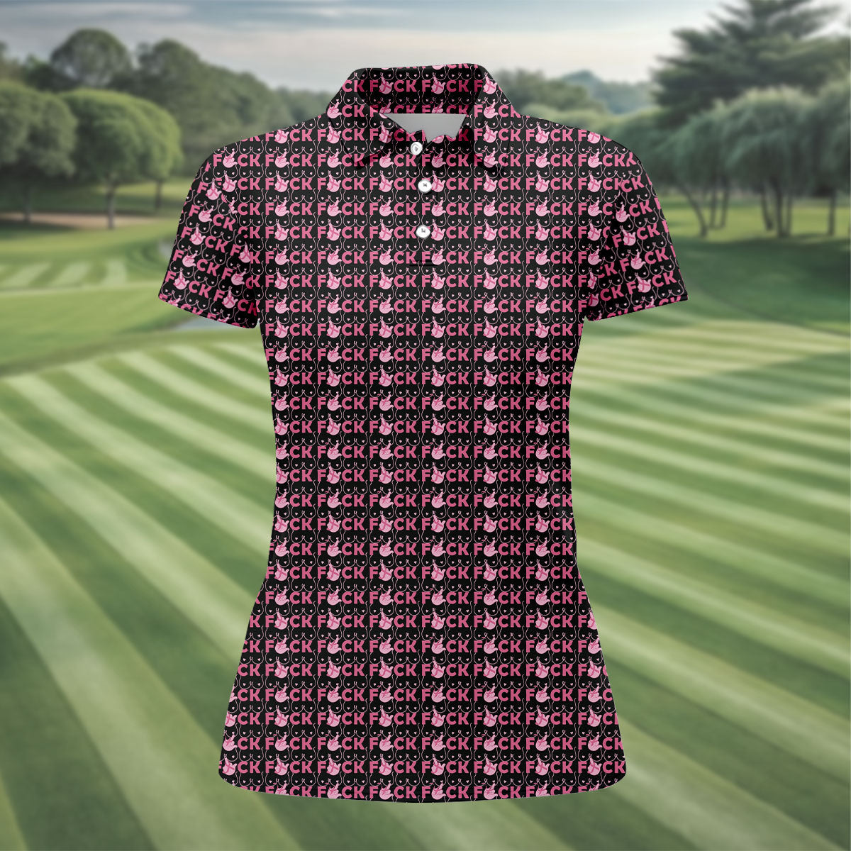 Fuck Breast Cancer Pink Ribbon Golf Polo Shirt, Women’s Golf Tops, Golf Shirts For Women