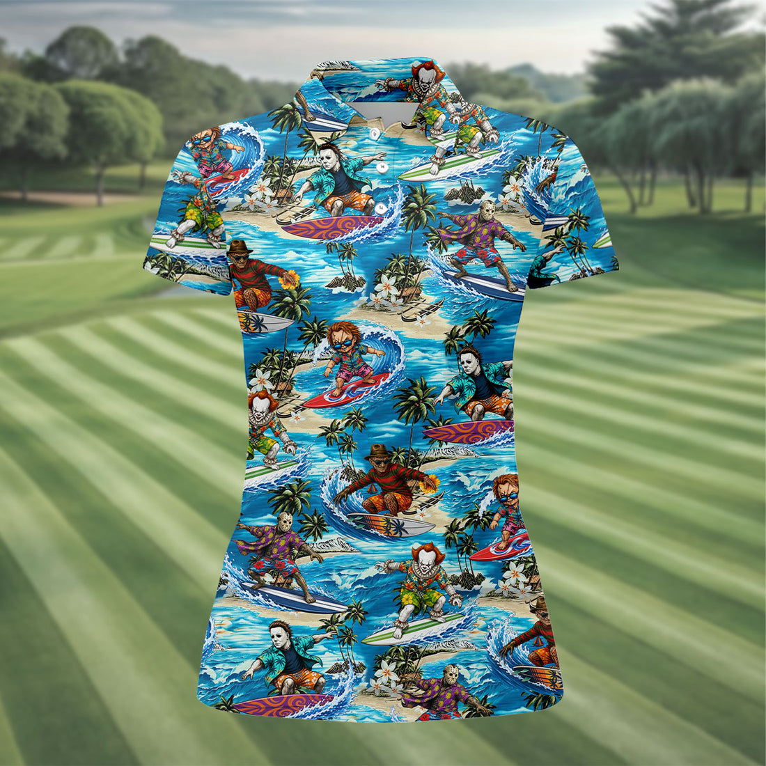 Horror Surfing Hawaiian Golf Shirt, Tropical Golf Tops, Golf Shirts For Women