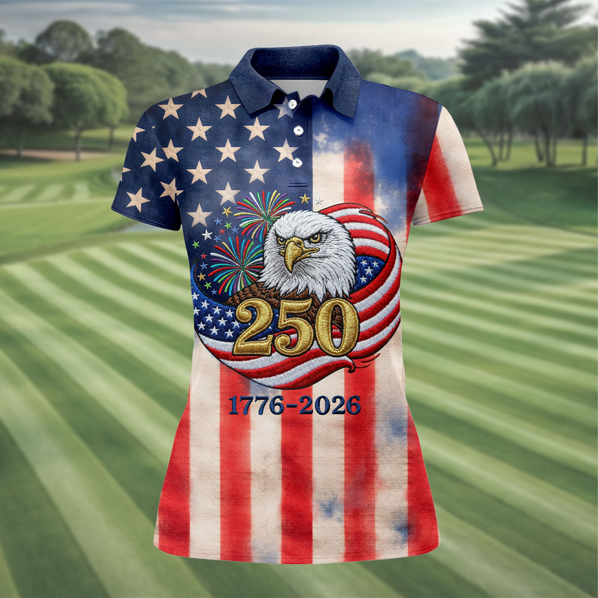250 Years Bald Eagle US Flag Faded Color Retro Golf Shirt, Patriotic 4th Of July Golf Shirt For Women
