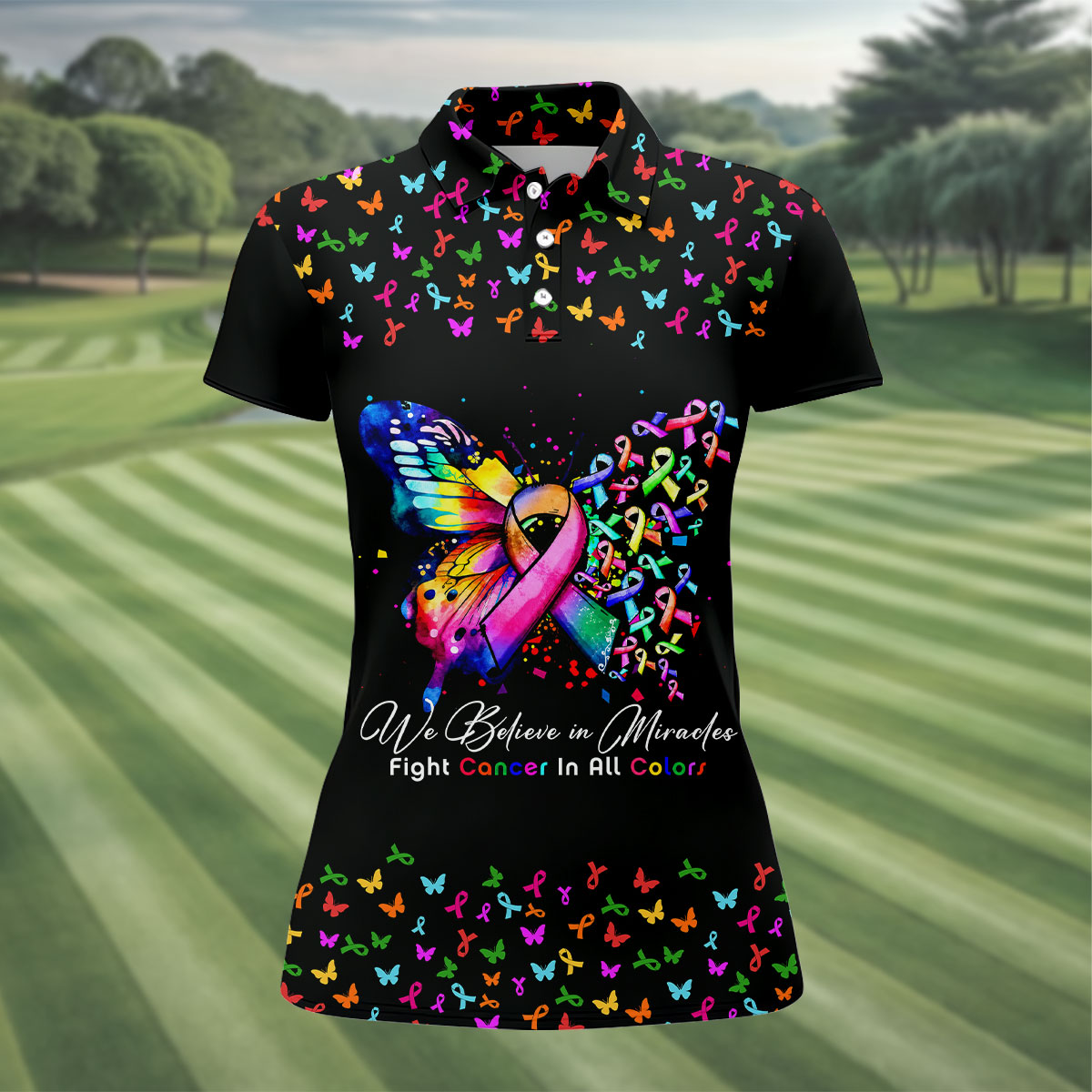We Believe In Miracles Butterfly Breast Cancer Shirt, Women's Golf Tops, Ladies Golf Top