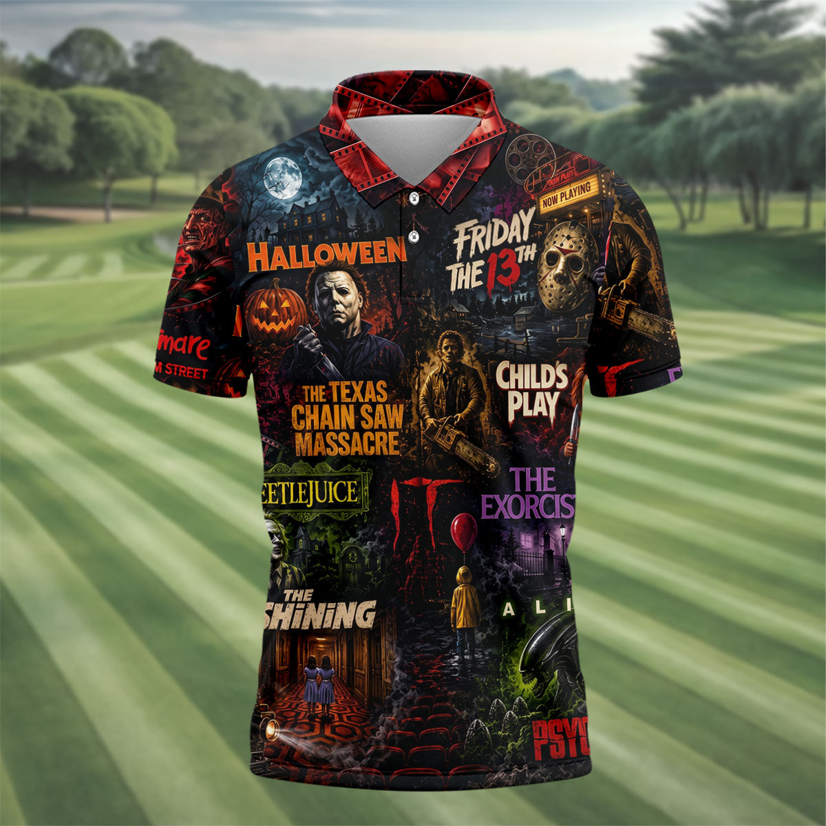 Classic Horror Character Movie Poster Collage Golf Polo Shirt, Mens Golf Polo, Printed Golf Shirts