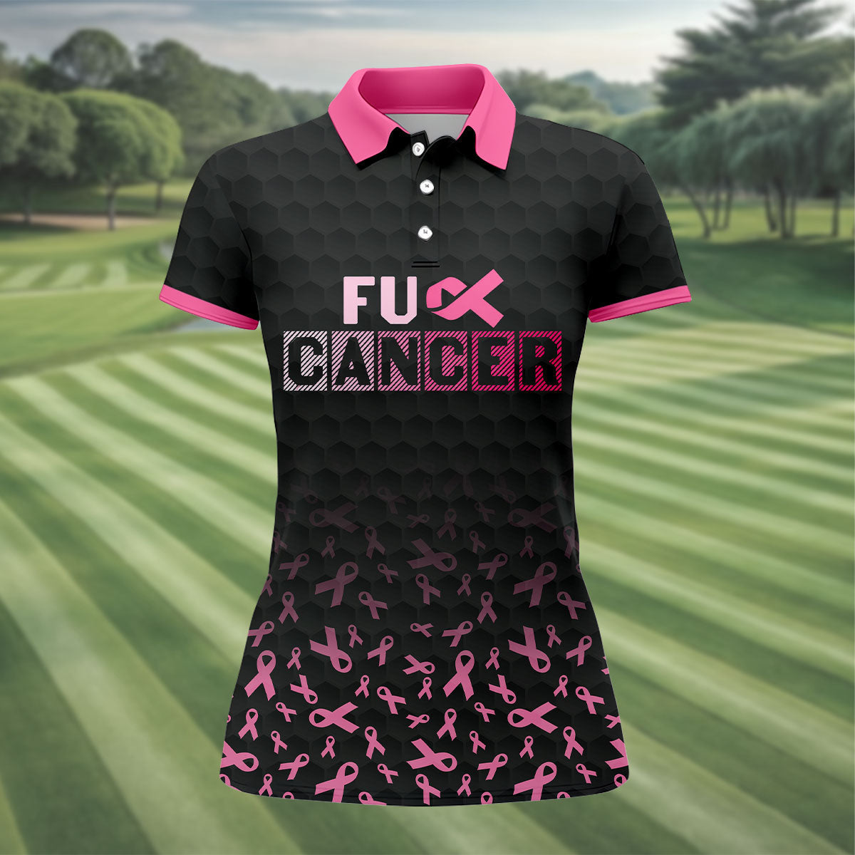 Fuck Cancer Black Pink Ribbon Breast Cancer Polo Shirt, Women's Golf Tops, Ladies Golf Top
