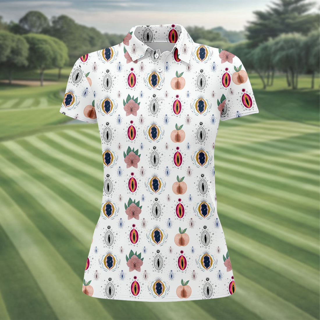 Abstract Peach Botanical Pattern Golf Shirt, Ladies Golf Shirts, Women’s Golf Apparel